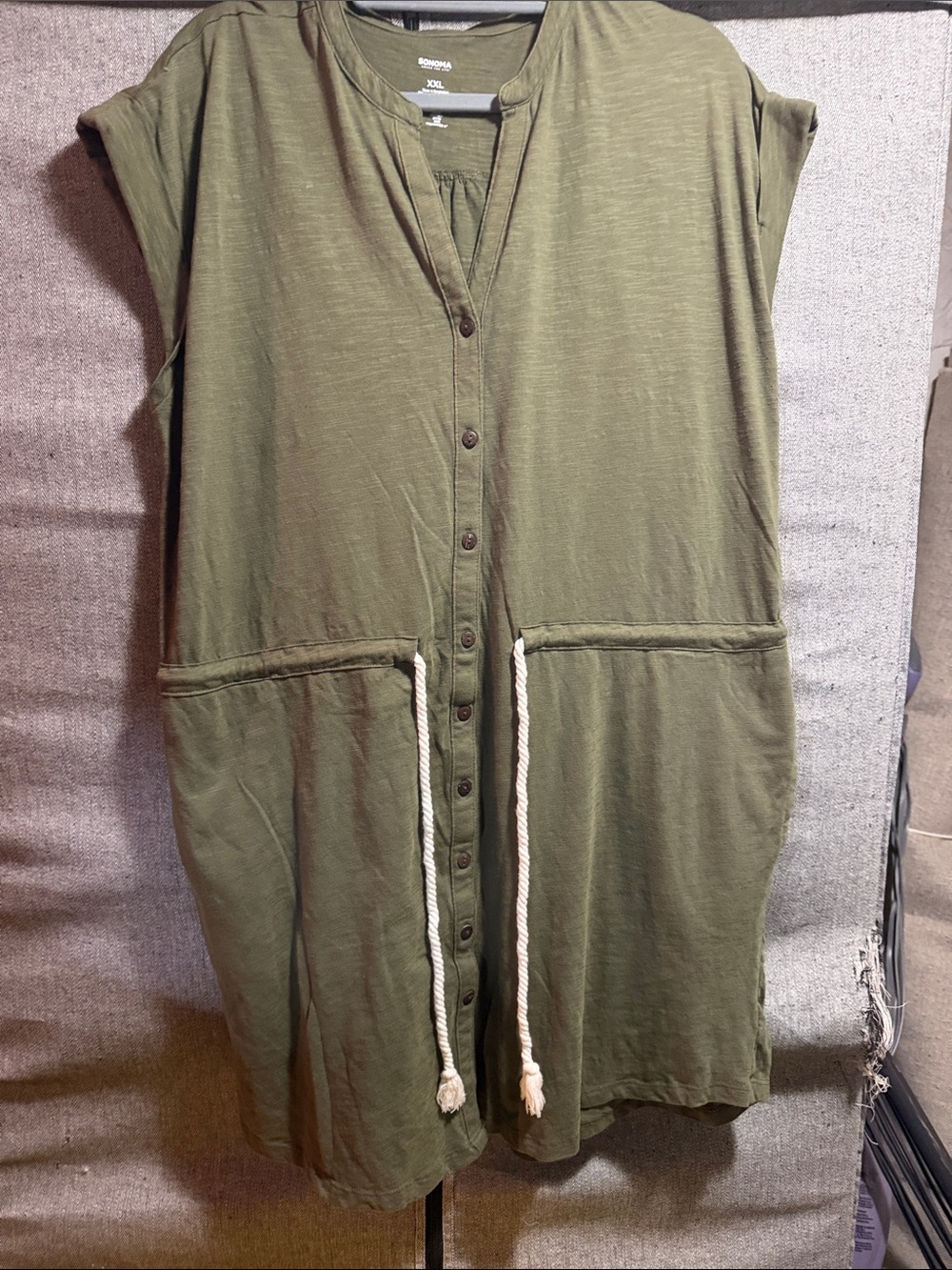 Sonoma Olive Button-Front Midi Dress with Rope Drawstring